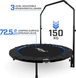 Physionics® Fitness Trampolin - Ø 101 Cm, Höhenverstellbarer Haltegriff, Bis 150 Kg, Klappbar - Mini-Trampolin, Aerobic Trampolin Für Erwachsene Und Kinder, Indoor, Jumper, Rebounder