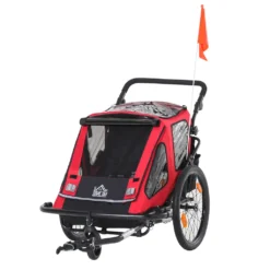 HOMCOM 2 In 1 Kinderfahrradanhänger Kinderanhänger Mit Federung Klappbarer Fahrradanhänger 360° Drehbar Buggy Mit Mesh-Tür Fahne Aufbewahrungstasche Metall Oxford Rot+Schwarz 160 X 83 X 96 Cm