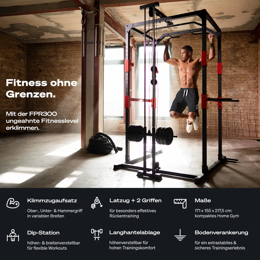 Sportstech Power Rack + Klimmzugstange, Dip-Barren, 2X Latzug Griff + Karabinerhaken, Ablage Für Langhantel Mit Gewichten, Home Gym Kraftstation: Fitness & Sport Zuhause, FPR300 3 Sportstech Power Rack + Klimmzugstange, Dip-Barren, 2X Latzug Griff + Karabinerhaken, Ablage Für Langhantel Mit Gewichten, Home Gym Kraftstation: Fitness & Sport Zuhause, FPR300 – Bild 3