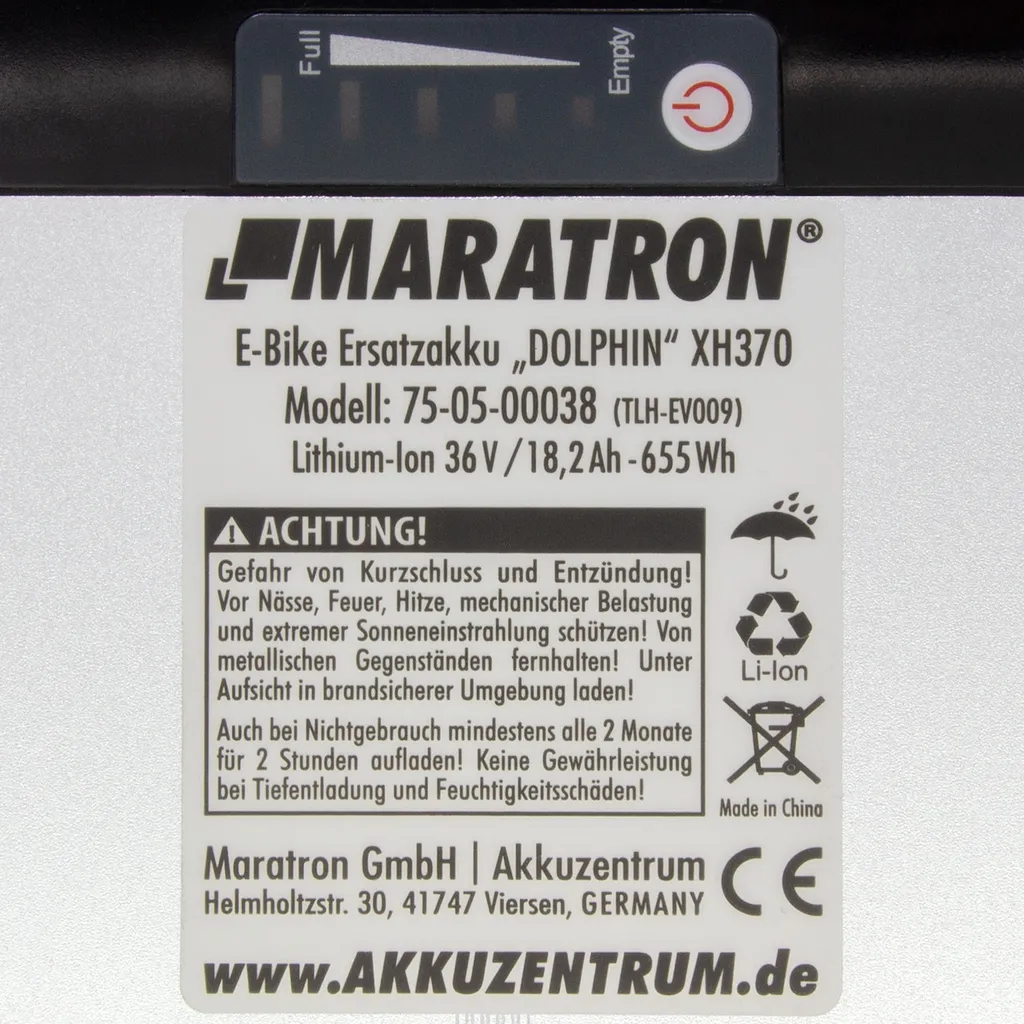 Maratron Akku XH370 DOLPHIN - 36V (37V) 18Ah - Für E-Bike Pedelec Aldi Prophete MiFa Trio Samsung McKenzie Curtis U.v.m. 3 Maratron Akku XH370 DOLPHIN - 36V (37V) 18Ah - Für E-Bike Pedelec Aldi Prophete MiFa Trio Samsung McKenzie Curtis U.v.m. – Bild 3