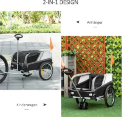 PawHut 2-in-1 Hundeanhänger Haustier Hund Trolley Fahrradanhänger Hundetransporter Hunde Fahrrad Anhänger Oxfordstoff Atmungsaktiv Metall Oxford-Gewebe Schwarz+Grau+Silber 130 X 64 X 92 Cm -Globbervi Verkaufe 0f17cf038f77ebc63cf788b0d9030bf5