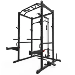 ATLETICA R4 Combat | 195 Cm Low Version Power Rack Mit Latzug, Pull-Up/Dip Bar, Spotter Arms, Pin-and-Pipe-Safeties, J-Hooks, Landmine & Weight-Pins