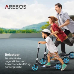 AREBOS Tretroller Scooter, XXL Räder, Tragegurt, Rutschfeste Trittfläche, Höhenverstellbar, Tritt-Bremse ,max. 100 Kg, Blau -Globbervi Verkaufe 130c7edc9741a570a1819f3b6866bc4e