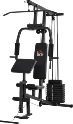 HOMCOM Gym Kraftstation Fitnessstation Multigym Fitnesscenter Fitnessgerät Inkl. Gewichten Mit Rollenpolsterung Stahl Kunstleder Schwarz 148 X 108 X 207 Cm