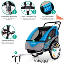 FROGGY Kinder Fahrradanhänger 360° Drehbar Mit Federung + Joggerfunktion + 5-Punkt Sicherheitsgurt, 2in1 Anhänger Für 1 Bis 2 Kinder, Design Cyan -Globbervi Verkaufe 1b2b5c1f894f1c55c29ba3718bd0484f