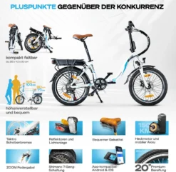 BLUEWHEEL 20" Klappbares E-Bike, Deutsche Qualitätsmarke, Shimano 7 Gang-Schaltung, EU-konform Klapprad Mit App + 250 W Motor + Batterie Abnehmbar, Electric Bike 25 Km/h Bis Zu 150 Km, BXB55 Weiß 10 Ah Batterie -Globbervi Verkaufe 1bd3b09fea0bcc50663ab2b4c5dc3f91