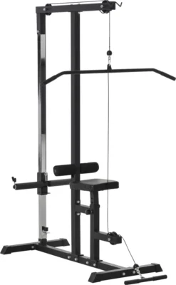 HOMCOM Kraftstation Mit Riemenscheibe Sitz Verstellbar Und Mehreren Kabelpositionen Zur Stärkung Der Muskulatur Trainings-Gerät Für Zuhause Fitness Stahl Schwarz 107 X 120 X 190 Cm