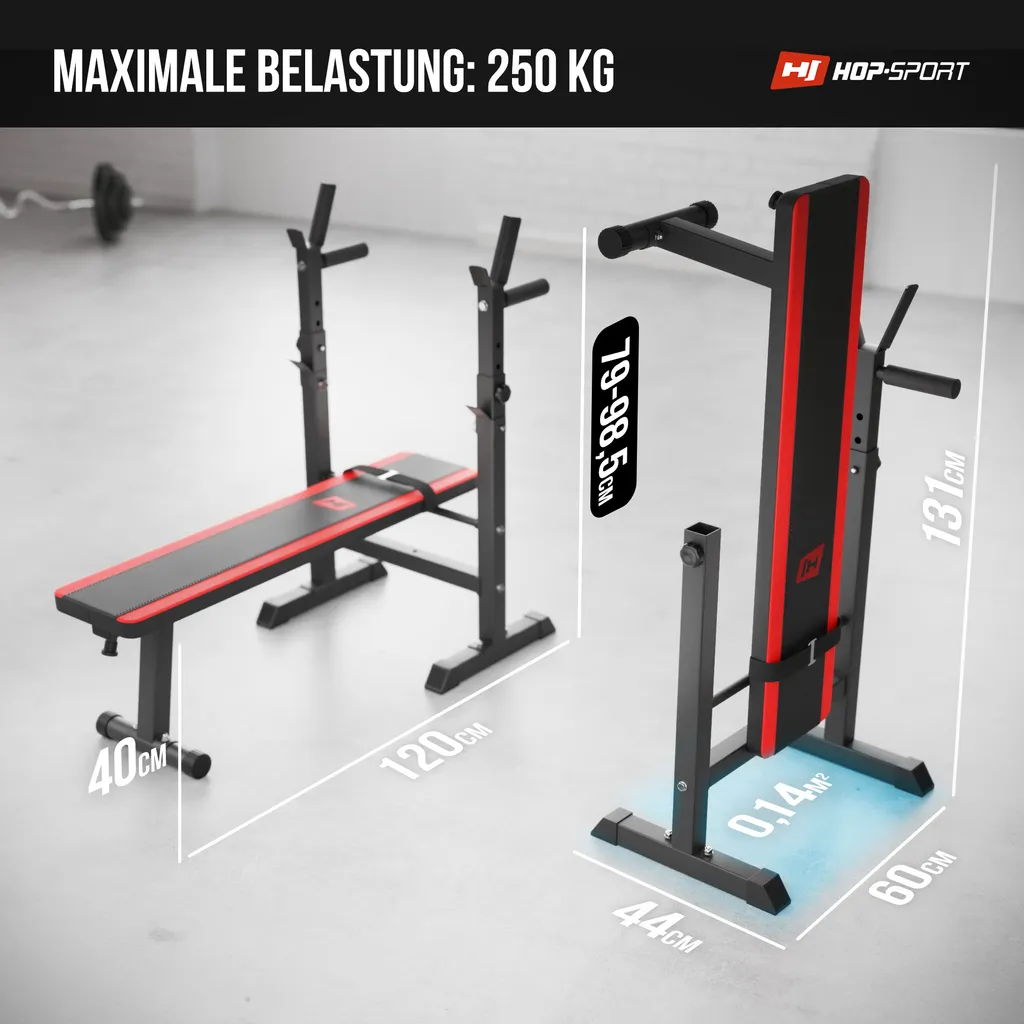 Hop-Sport Hantelbank Kraftstation HS-1080 Mit 39 KG Hantelset Langhantel Gewichte 4x5 Kg; 4x2,5 Kg 2 Hop-Sport Hantelbank Kraftstation HS-1080 Mit 39 KG Hantelset Langhantel Gewichte 4x5 Kg; 4x2,5 Kg – Bild 2