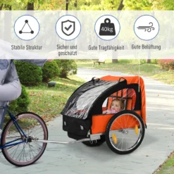 HOMCOM Kinderanhänger Kinderfahrrad Geeignet Für 2 Kinder, Stahlrahmen, Sitzträger Mit Sicherheitsgurt, Für Kinder Ab 18 Monaten, Oxford-Gewebe, Stahl, 126x78x79 Cm, Orange+Schwarz -Globbervi Verkaufe 1e6645389379e291f4daf53fe736e64f