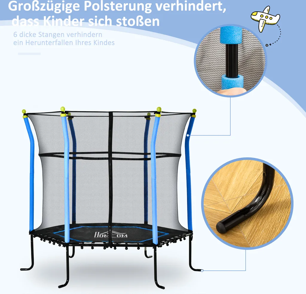 HOMCOM 5,3FT Trampolin Für Kinder Gartentrampolin Mit Sicherheitsnetz Randabdeckung Gummiseil Gepolstert Fitness-Trampolin Mini-Trampoline Mit Netz Stahl Blau 163,5H Cm Bis 60 Kg 5 HOMCOM 5,3FT Trampolin Für Kinder Gartentrampolin Mit Sicherheitsnetz Randabdeckung Gummiseil Gepolstert Fitness-Trampolin Mini-Trampoline Mit Netz Stahl Blau 163,5H Cm Bis 60 Kg – Bild 5