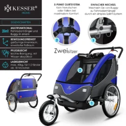 KESSER® Cruiser Kinderanhänger Fahrradanhänger 360° Drehbar Mit Federung 2in1 Joggerfunktion Kinderfahrradanhänger + 5-Punkt Sicherheitsgurt , Jogger Fahrrad Anhänger Für 1 Bis 2 Kinder Max. 40kg, Farbe:Blau-Anthrazit -Globbervi Verkaufe 20f416669dacd9656b9132cd876706dc