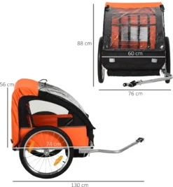 HOMCOM Kinderanhänger Kinderfahrrad Geeignet Für 2 Kinder, Stahlrahmen, Sitzträger Mit Sicherheitsgurt, Für Kinder Ab 18 Monaten, Oxford-Gewebe, Stahl, 126x78x79 Cm, Orange+Schwarz -Globbervi Verkaufe 21086b8582bb824d5ef8997732366ed1