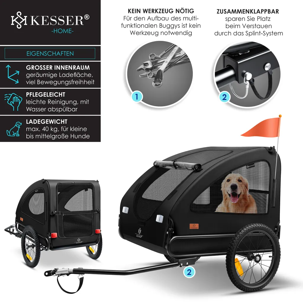 KESSER® Hundeanhänger Boxer 2-in-1 Hundebuggy Fahrradanhänger Groß Ca. 250L Volumen - Inkl. Fahne Und Tasche - 600D Oxford Canvas, Klappbar SmartSpace Concept, Maximale Belastbarkeit: 45kg, Farbe:Schwarz 3 KESSER® Hundeanhänger Boxer 2-in-1 Hundebuggy Fahrradanhänger Groß Ca. 250L Volumen - Inkl. Fahne Und Tasche - 600D Oxford Canvas, Klappbar SmartSpace Concept, Maximale Belastbarkeit: 45kg, Farbe:Schwarz – Bild 3