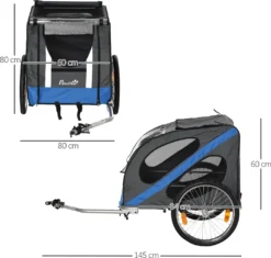 PawHut Hundeanhänger Fahrradanhänger Hundetransporter Geländegängig Hunde Fahrrad Anhänger Für Hunde Wetterfestes Oxford-Gewebe Stahlrahmen 145 X 80 X 87 Cm Grau+Blau -Globbervi Verkaufe 23b60574a016ef932bac3ef6c9e68f93
