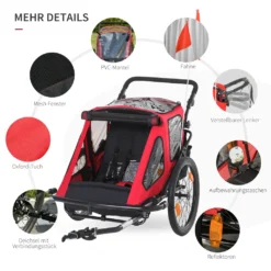 HOMCOM 2 In 1 Kinderfahrradanhänger Kinderanhänger Mit Federung Klappbarer Fahrradanhänger 360° Drehbar Buggy Mit Mesh-Tür Fahne Aufbewahrungstasche Metall Oxford Rot+Schwarz 160 X 83 X 96 Cm -Globbervi Verkaufe 32520cf834d40f14cee5b6dac2fbc092