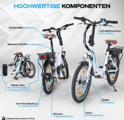 BLUEWHEEL 20" Klappbares E-Bike, Deutsche Qualitätsmarke, Shimano 7 Gang-Schaltung, EU-konform Klapprad Mit App + 250 W Motor + Batterie Abnehmbar, Electric Bike 25 Km/h Bis Zu 150 Km, BXB55 Weiß 10 Ah Batterie -Globbervi Verkaufe 332a8004ffbc9136a9267d5dc9215cf6