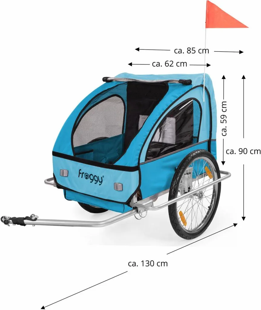 FROGGY Kinder Fahrradanhänger Mit Federung + 5-Punkt Sicherheitsgurt Radschutz Anhänger Für 1 Bis 2 Kinder Design Sky 11 FROGGY Kinder Fahrradanhänger Mit Federung + 5-Punkt Sicherheitsgurt Radschutz Anhänger Für 1 Bis 2 Kinder Design Sky – Bild 11