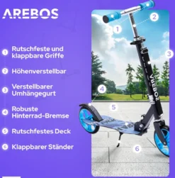 AREBOS Tretroller Scooter, XXL Räder, Tragegurt, Rutschfeste Trittfläche, Höhenverstellbar, Tritt-Bremse ,max. 100 Kg, Blau -Globbervi Verkaufe 36450b0fc8cb11b57875ba140693a572