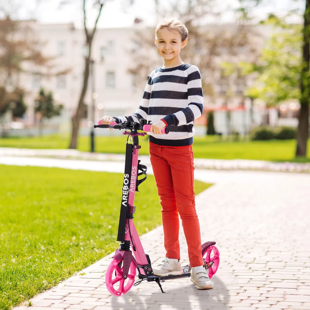 AREBOS Cityroller Tretroller Mit LED, Höhenverstellbar, Klappbar, Inkl. Tragegurt, Hand- & Trittbremse, Für Kinder Und Erwachsene, Bis 100kg Belastbar Roller, Pink 2 AREBOS Cityroller Tretroller Mit LED, Höhenverstellbar, Klappbar, Inkl. Tragegurt, Hand- & Trittbremse, Für Kinder Und Erwachsene, Bis 100kg Belastbar Roller, Pink – Bild 2