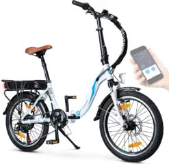 BLUEWHEEL 20" Klappbares E-Bike, Deutsche Qualitätsmarke, Shimano 7 Gang-Schaltung, EU-konform Klapprad Mit App + 250 W Motor + Batterie Abnehmbar, Electric Bike 25 Km/h Bis Zu 150 Km, BXB55 Weiß 10 Ah Batterie