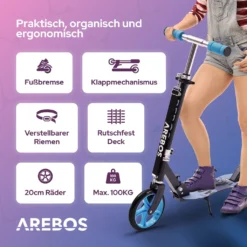 AREBOS Tretroller Scooter, XXL Räder, Tragegurt, Rutschfeste Trittfläche, Höhenverstellbar, Tritt-Bremse ,max. 100 Kg, Blau -Globbervi Verkaufe 3b1f36440af01913853c65ced33470c5