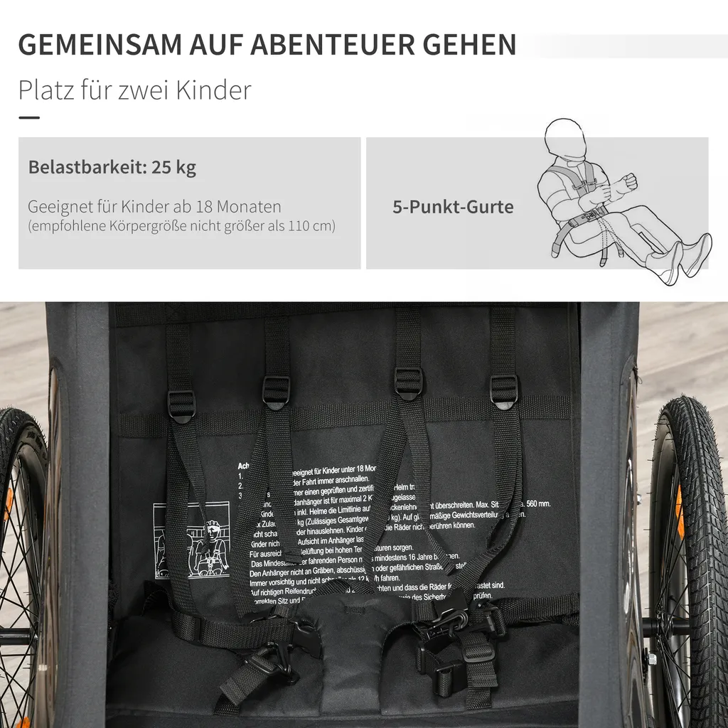HOMCOM Kinderanhänger Fahrradanhänger Mit Aufbewahrungstasche Kinderwagen Mit Mesh-Tür Fahne Klappbarer Kinderanhänger 2 In 1 Design Metall Oxford Schwarz 160 X 83 X 96 Cm 5 HOMCOM Kinderanhänger Fahrradanhänger Mit Aufbewahrungstasche Kinderwagen Mit Mesh-Tür Fahne Klappbarer Kinderanhänger 2 In 1 Design Metall Oxford Schwarz 160 X 83 X 96 Cm – Bild 5