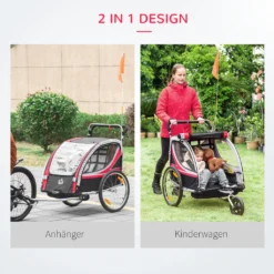 HOMCOM 2 In 1 Kinderfahrradanhänger, Kinderanhänger Mit Federung, Fahrradanhänger Mit Mesh-Tür, 360° Drehbares Vorderrad, Buggy Mit Bremse, Anhänger, Rot+Schwarz, 142 X 75 X 101 Cm -Globbervi Verkaufe 45c4b6e7897abd115932e3257b370b9d
