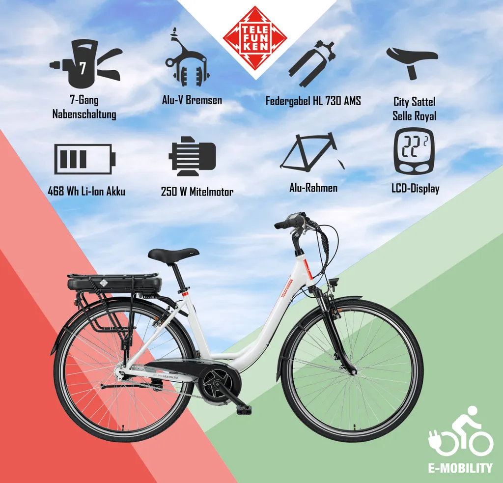 Telefunken RC890 City E-Bike, 7 Gang Shimano Nabenschaltung, Mittelmotor, Weiß 5 Telefunken RC890 City E-Bike, 7 Gang Shimano Nabenschaltung, Mittelmotor, Weiß – Bild 5