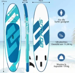 COSTWAY 335cm SUP Board Set Aufblasbar Mit Sicherheitsleine Paddel Pumpe Center Finne Rucksack & Reparaturset 170kg Belatbar Weiß+Blau -Globbervi Verkaufe 517196f1be39bcd73c4896c2529a61fc