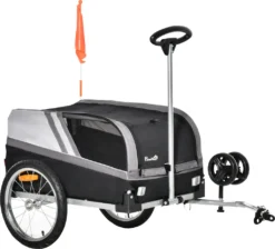 PawHut 2-in-1 Hundeanhänger Haustier Hund Trolley Fahrradanhänger Hundetransporter Hunde Fahrrad Anhänger Oxfordstoff Atmungsaktiv Metall Oxford-Gewebe Schwarz+Grau+Silber 130 X 64 X 92 Cm