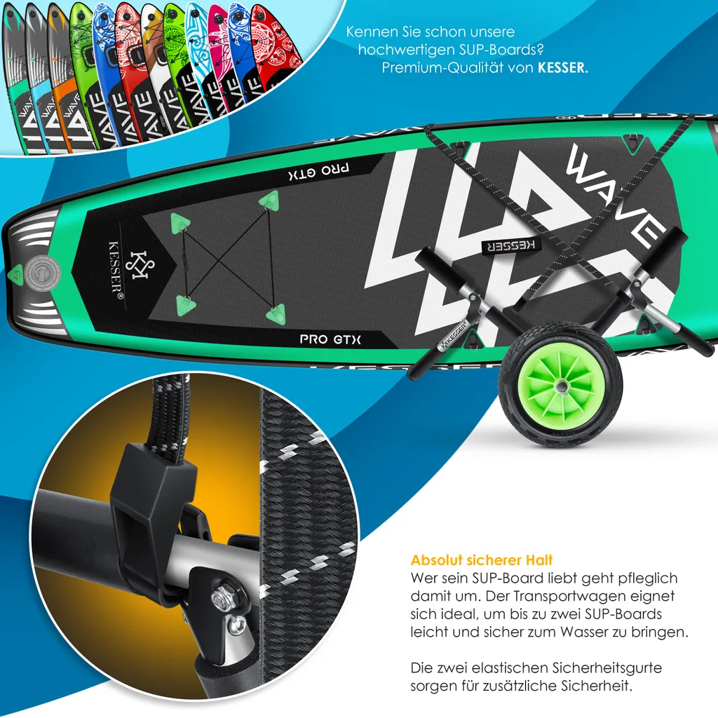 KESSER® Surfwagen Surfboard Transportwagen Für SUP-Board Stand Up Paddle Board Transport Kajakwagen - Klappbar Gepolstert - 10 Zoll PolyurethanReifen Alu - Inkl. 2 Sicherungsgurte, Farbe:Silber / Schwarz, Größe:Einzel 4 KESSER® Surfwagen Surfboard Transportwagen Für SUP-Board Stand Up Paddle Board Transport Kajakwagen - Klappbar Gepolstert - 10 Zoll PolyurethanReifen Alu - Inkl. 2 Sicherungsgurte, Farbe:Silber / Schwarz, Größe:Einzel – Bild 4