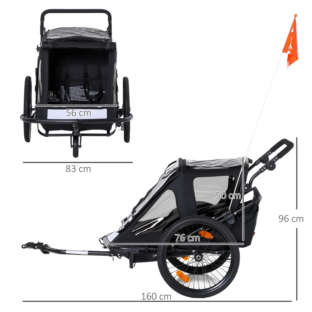 HOMCOM Kinderanhänger Fahrradanhänger Mit Aufbewahrungstasche Kinderwagen Mit Mesh-Tür Fahne Klappbarer Kinderanhänger 2 In 1 Design Metall Oxford Schwarz 160 X 83 X 96 Cm 3 HOMCOM Kinderanhänger Fahrradanhänger Mit Aufbewahrungstasche Kinderwagen Mit Mesh-Tür Fahne Klappbarer Kinderanhänger 2 In 1 Design Metall Oxford Schwarz 160 X 83 X 96 Cm – Bild 3