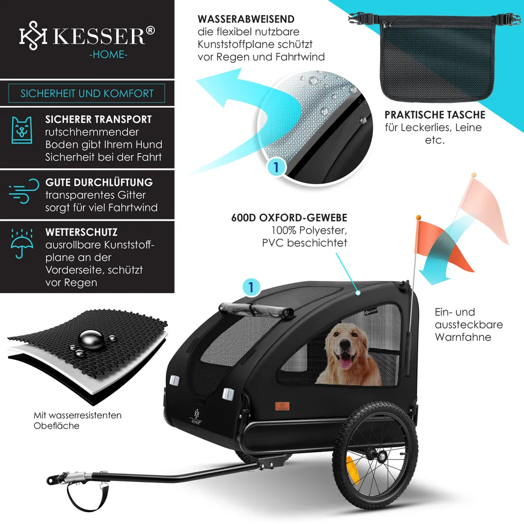 KESSER® Hundeanhänger Boxer 2-in-1 Hundebuggy Fahrradanhänger Groß Ca. 250L Volumen - Inkl. Fahne Und Tasche - 600D Oxford Canvas, Klappbar SmartSpace Concept, Maximale Belastbarkeit: 45kg, Farbe:Schwarz 4 KESSER® Hundeanhänger Boxer 2-in-1 Hundebuggy Fahrradanhänger Groß Ca. 250L Volumen - Inkl. Fahne Und Tasche - 600D Oxford Canvas, Klappbar SmartSpace Concept, Maximale Belastbarkeit: 45kg, Farbe:Schwarz – Bild 4