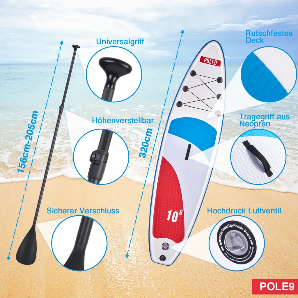 POLE9 Stand Up Paddling Board Mit Premium SUP Zubehör | 320 X 80 X 15 Cm Ultraleichtes Aufblasbares Board | Wasserdichter Rucksack, Double-Action-Pumpe, Aluminium-Paddel, (Farbe:Blau) 1 POLE9 Stand Up Paddling Board Mit Premium SUP Zubehör | 320 X 80 X 15 Cm Ultraleichtes Aufblasbares Board | Wasserdichter Rucksack, Double-Action-Pumpe, Aluminium-Paddel, (Farbe:Blau)
