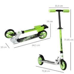 HOMCOM Scooter Kinderscooter Klappbar Kickscooter Mit Hinterbremsen Ø145 Mm Rädern Tretroller Höheverstellbar Bis 50 Kg Belastbar Für 4-8 Jahre Aluminium Eva Grün 72,8 X 33,4 X 75-85 Cm