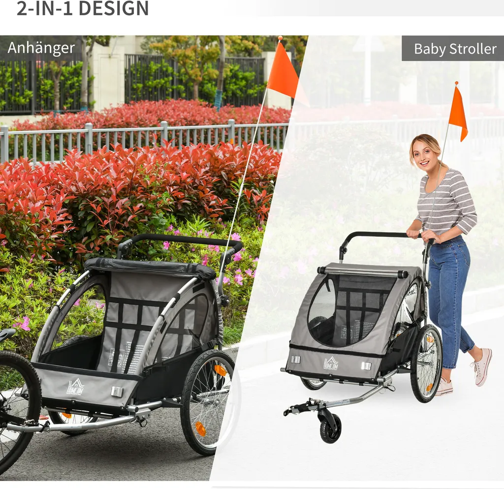 HOMCOM 2 In 1 Kinderanhänger Anhänger 360° Drehbar Fahrradanhänger 2 Kinder Buggy Kinderwagen Mit Fünf-Punkt-Sicherheitsgurt Joggerfunktion Metall Oxford Grau+Schwarz 160 X 84 X 106 Cm 3 HOMCOM 2 In 1 Kinderanhänger Anhänger 360° Drehbar Fahrradanhänger 2 Kinder Buggy Kinderwagen Mit Fünf-Punkt-Sicherheitsgurt Joggerfunktion Metall Oxford Grau+Schwarz 160 X 84 X 106 Cm – Bild 3
