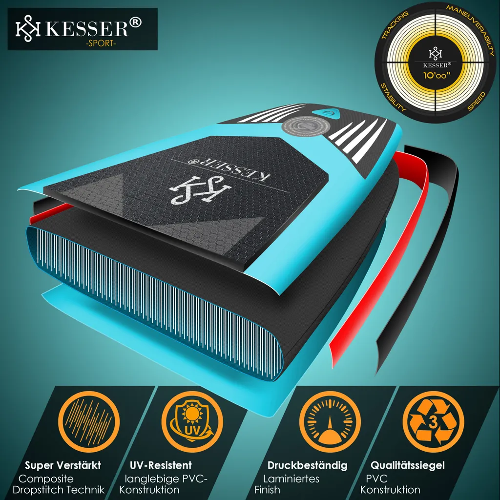 KESSER® Aufblasbare SUP Board Set PRO GTX Mit Premium Hochdruckpumpe Transporttasche Stand Up Paddle Board | Cam Halterung | Surfboard 6 Zoll Dick Komplettes Zubehör 150kg, Farbe:Blau - 320CM 10 KESSER® Aufblasbare SUP Board Set PRO GTX Mit Premium Hochdruckpumpe Transporttasche Stand Up Paddle Board | Cam Halterung | Surfboard 6 Zoll Dick Komplettes Zubehör 150kg, Farbe:Blau - 320CM – Bild 10