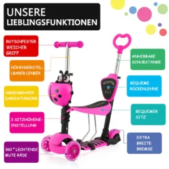 Yoleo 5-in-1 Kinder Roller Scooter Mit Abnehmbarer Karikaturkorb Sitz Schubstange LED Große Räder Bequeme Rückenlehne Höheverstellbare Lenker Für Kleinkinder Jungen Mädchen Ab 2 Jahre (Rosa) -Globbervi Verkaufe 659c66876b4704b87d9ce7593763ba2e
