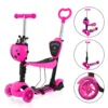 Yoleo 5-in-1 Kinder Roller Scooter Mit Abnehmbarer Karikaturkorb Sitz Schubstange LED Große Räder Bequeme Rückenlehne Höheverstellbare Lenker Für Kleinkinder Jungen Mädchen Ab 2 Jahre (Rosa)