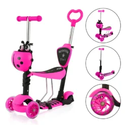 Yoleo 5-in-1 Kinder Roller Scooter Mit Abnehmbarer Karikaturkorb Sitz Schubstange LED Große Räder Bequeme Rückenlehne Höheverstellbare Lenker Für Kleinkinder Jungen Mädchen Ab 2 Jahre (Rosa)