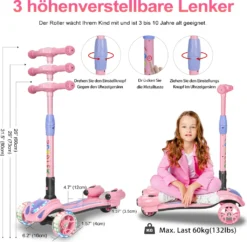 Roller Kinder 3-10 Jahre, Kinderroller 3 Räder, Mit Bluetooth Musik Spray LED Rädern Höhenverstellbar Faltbar Kinderscooter Dreiradscooter Tretroller Scooter Für Kinder Jungen Mädchen Bis 60kg (Rosa) -Globbervi Verkaufe 673c184213a14137fe605c89b1ca26db