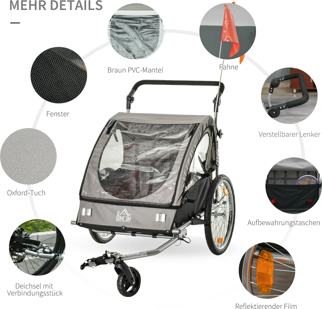 HOMCOM 2 In 1 Kinderanhänger Anhänger 360° Drehbar Fahrradanhänger 2 Kinder Buggy Kinderwagen Mit Fünf-Punkt-Sicherheitsgurt Joggerfunktion Metall Oxford Grau+Schwarz 160 X 84 X 106 Cm 6 HOMCOM 2 In 1 Kinderanhänger Anhänger 360° Drehbar Fahrradanhänger 2 Kinder Buggy Kinderwagen Mit Fünf-Punkt-Sicherheitsgurt Joggerfunktion Metall Oxford Grau+Schwarz 160 X 84 X 106 Cm – Bild 6