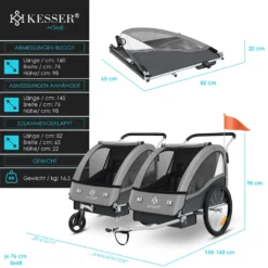 KESSER® Kinderanhänger Fahrradanhänger Sport-RX 2 In 1 Joggerfunktion Kinderfahrradanhänger + 5-Punkt Sicherheitsgurt 360°-Vorderrad Jogger Buggy Fahrrad Anhänger Für 1 Bis 2 Kinder Max. 40kg, Farbe:Hellgrau -Globbervi Verkaufe 6ed573832b0b7ca4023839a4baf2d992