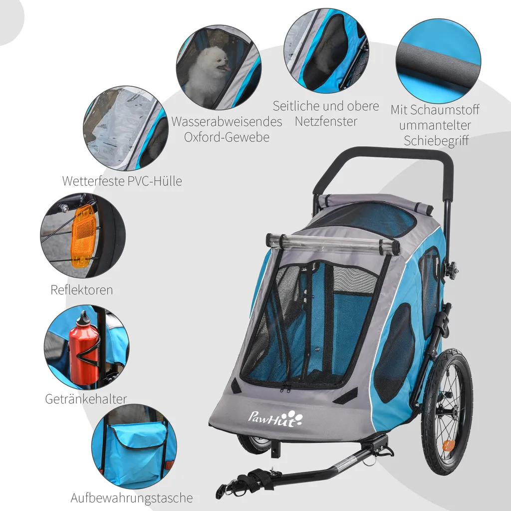 PawHut 2-in-1 Fahrradanhänger Haustier Hundeanhänger Oxfordstoff Atmungsaktiv Metall Oxford-Gewebe Blau 140 X 71 X 105 Cm 5 PawHut 2-in-1 Fahrradanhänger Haustier Hundeanhänger Oxfordstoff Atmungsaktiv Metall Oxford-Gewebe Blau 140 X 71 X 105 Cm – Bild 5
