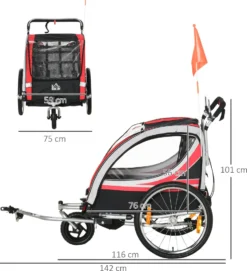 HOMCOM 2 In 1 Kinderfahrradanhänger, Kinderanhänger Mit Federung, Fahrradanhänger Mit Mesh-Tür, 360° Drehbares Vorderrad, Buggy Mit Bremse, Anhänger, Rot+Schwarz, 142 X 75 X 101 Cm -Globbervi Verkaufe 72c4a4c97414fba5862a8ca8eb275277