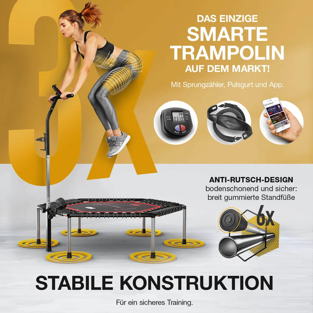 Messe-Neuheit 2020! Smart Fitness Trampolin, Inkl. Pulsgurt, Sprungzähler & APP, Klappbar, Höhenverstellbarer Haltegriff Mit Handy- & Flaschenhalterung, HTX100 Indoor Jumping Workout 2 Messe-Neuheit 2020! Smart Fitness Trampolin, Inkl. Pulsgurt, Sprungzähler & APP, Klappbar, Höhenverstellbarer Haltegriff Mit Handy- & Flaschenhalterung, HTX100 Indoor Jumping Workout – Bild 2