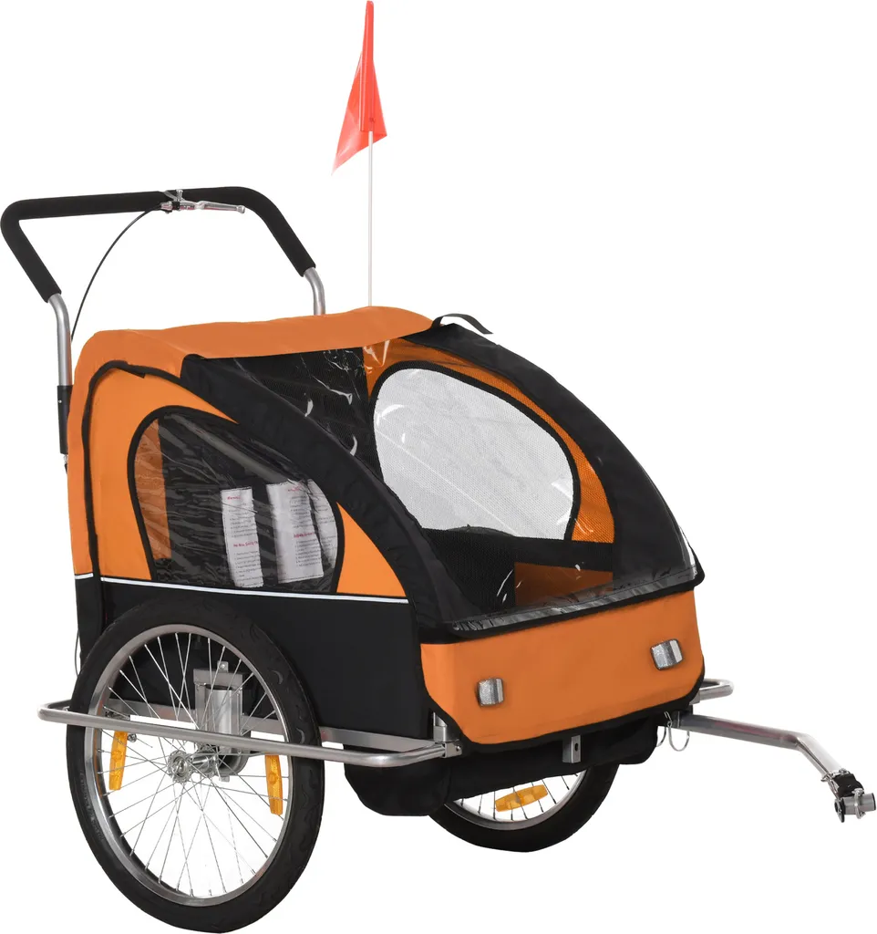 HOMCOM Kinderanhänger Fahrradanhänger Kinder Radanhänger Für 2 Kinder Mit Fahne Regenschutz Atmungsaktiv Stahl Orange+Schwarz 142 X 85 X 105 Cm 1 HOMCOM Kinderanhänger Fahrradanhänger Kinder Radanhänger Für 2 Kinder Mit Fahne Regenschutz Atmungsaktiv Stahl Orange+Schwarz 142 X 85 X 105 Cm