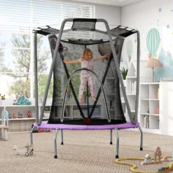 Merax Mini Trampolin φ147cm Kindertrampolin Mit Sicherheitbnetz Und Basketballfunktion, Indoor- Und Outdoortrampolin Für Kinder, Fitness Trampolin Bis 50kg Belastbar, Lila/Grau
