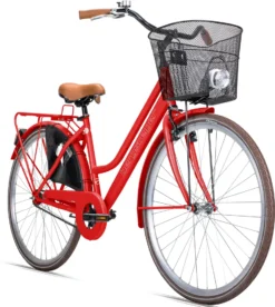 Bergsteiger Amsterdam Damenfahrrad 28 Zoll, Mit Korb, Fahrrad-Licht, Rücktrittbremse, Rahmenhöhe 48 Cm, Hollandrad Im Retro-Design, Farbe Rot