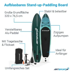 ArtSport Stand Up Paddling Board Set Blue Wave Aufblasbar 320 Cm - 150 Kg - Fußleine, Pumpe, Paddel, Tasche & Zubehör - SUP Board Standup Paddle -Globbervi Verkaufe 826f84f5c1f32a677d60edc5fce05d3d